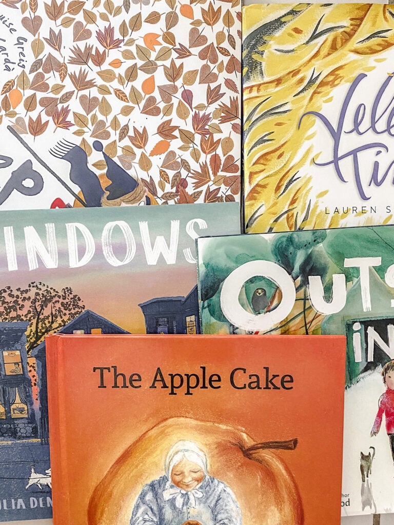 parts of front covers of 5 children's books with text that reads: 5 Beautiful Picture Books to Celebrate Fall