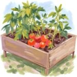 raised garden bed painting filled with herbs, veggies, and tomatoes.