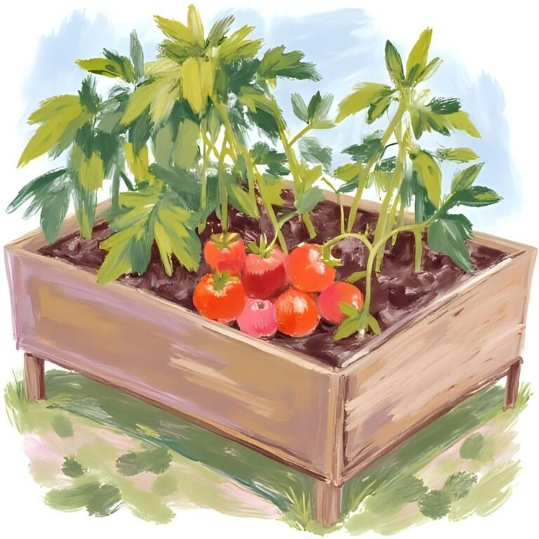 raised garden bed painting filled with herbs, veggies, and tomatoes.