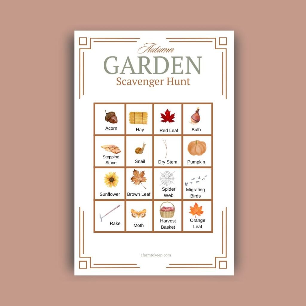 Image of instant download Fall Garden Scavenger Hunt Printable on a pumpkin color background.