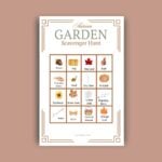 Image of instant download Fall Garden Scavenger Hunt Printable on a pumpkin color background.