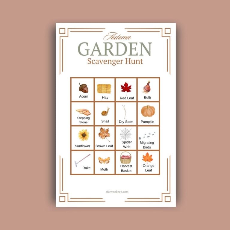 Image of instant download Fall Garden Scavenger Hunt Printable on a pumpkin color background.