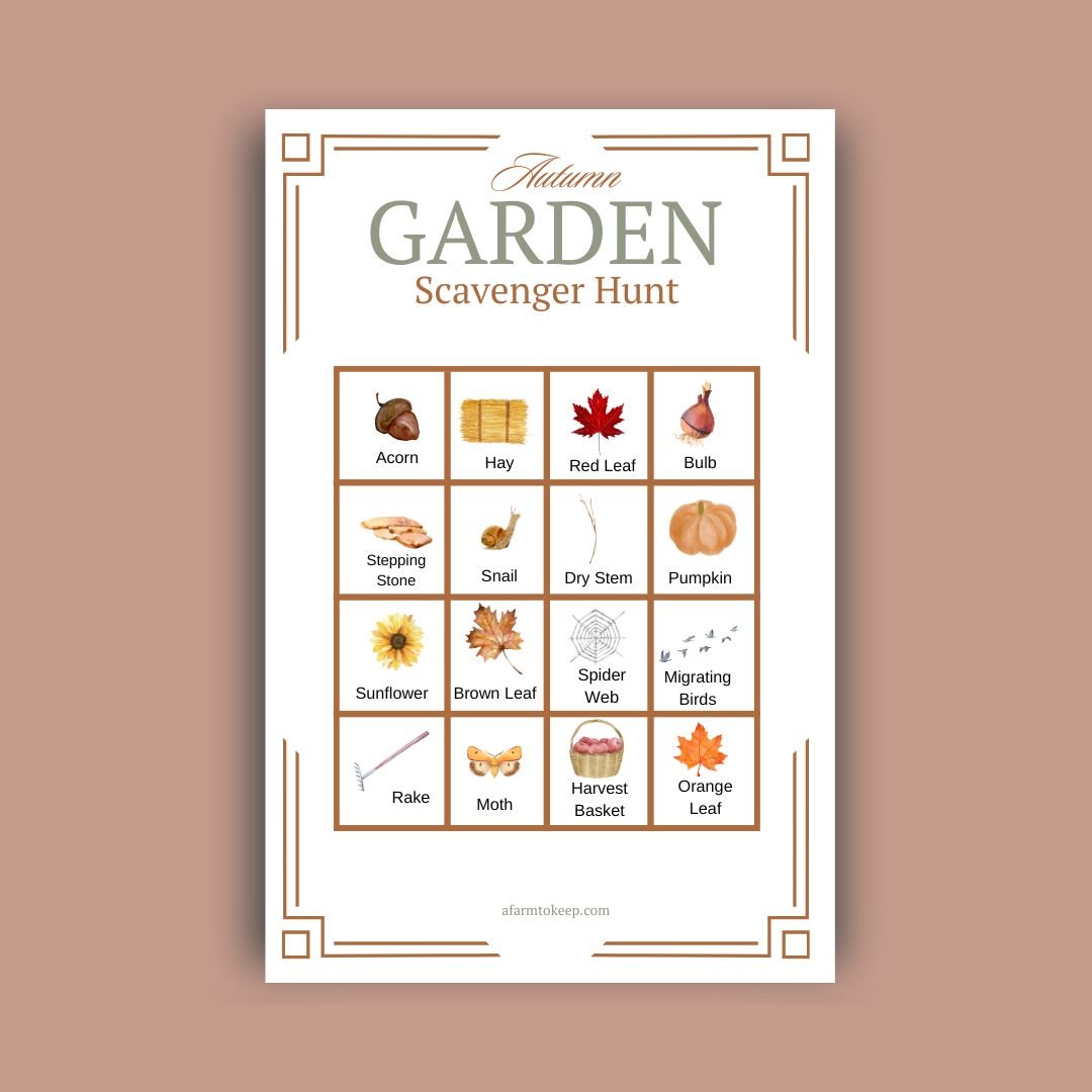 Image of instant download Fall Garden Scavenger Hunt Printable on a pumpkin color background.