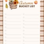 Autumn Bucket List printable with a plaid border, image of bucket of pumpkins and sunflowers, list of lines for writing in activities.