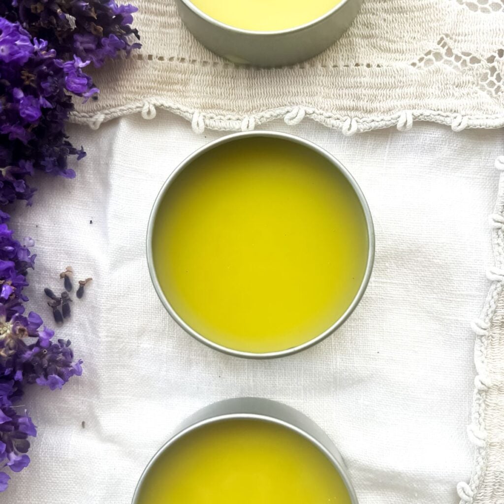 three 2 oz pots filled with lavender salve next to fresh lavender.