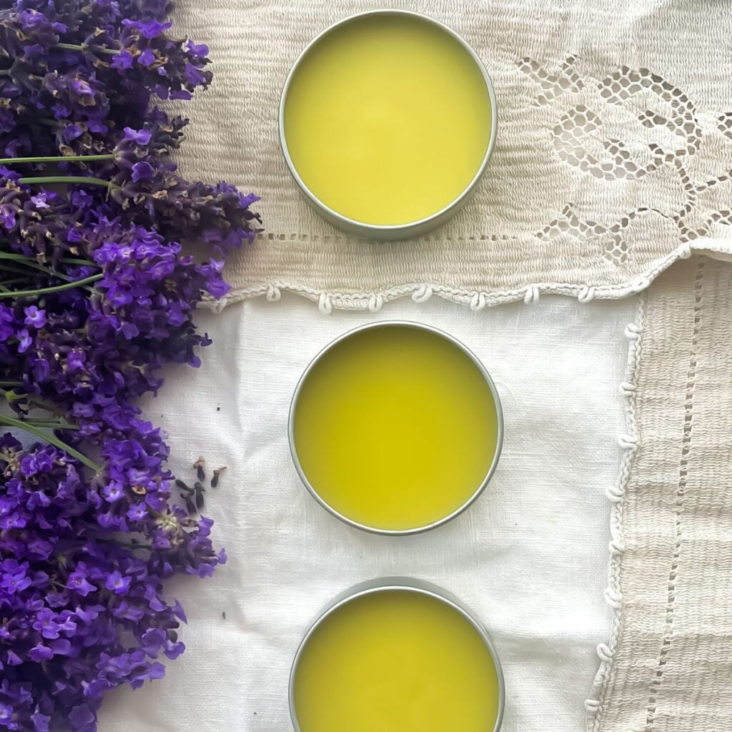 three 2 oz pots filled with lavender salve next to fresh lavender.